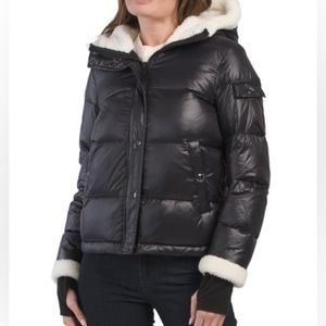 S13 Women's Down Fill Sherpa Hooded Black Puffer Coat, size M